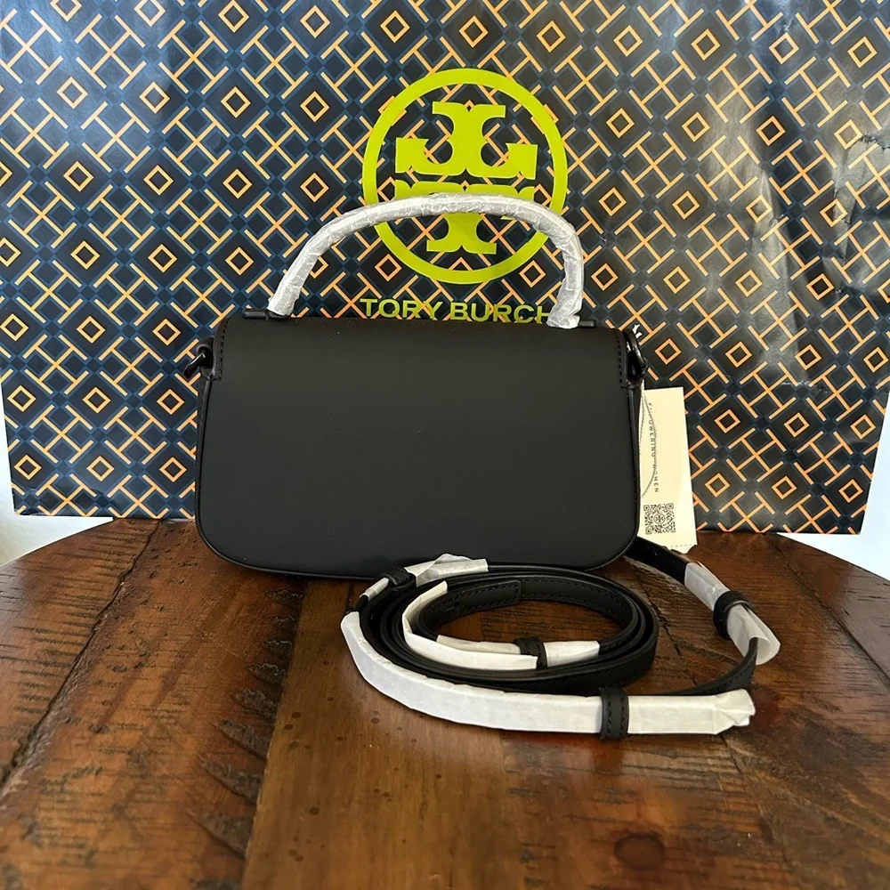 Tory Burch Britten Matte Mini Top Handle Crossbody Bag Black Silver - Picture 15 of 15